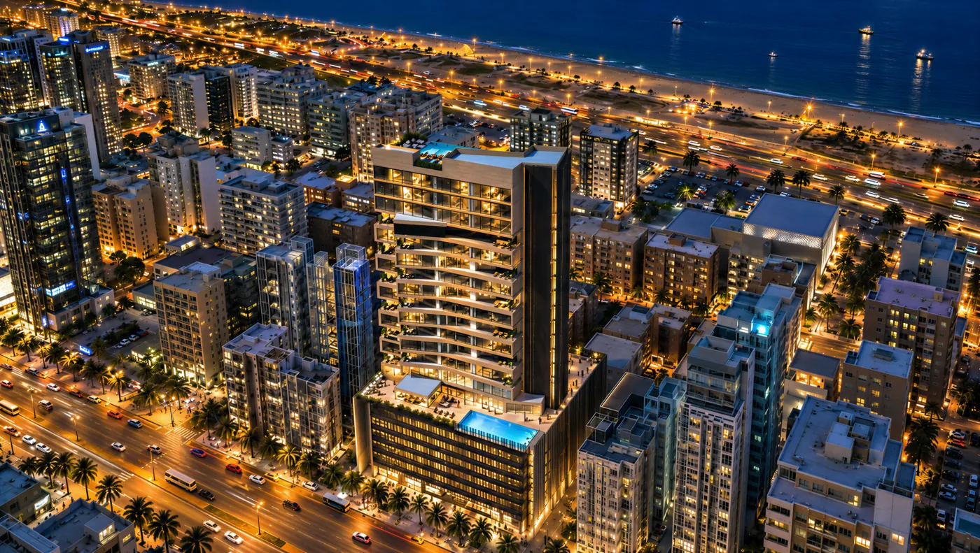 Aerial night view of a FLEX development in Kuwait