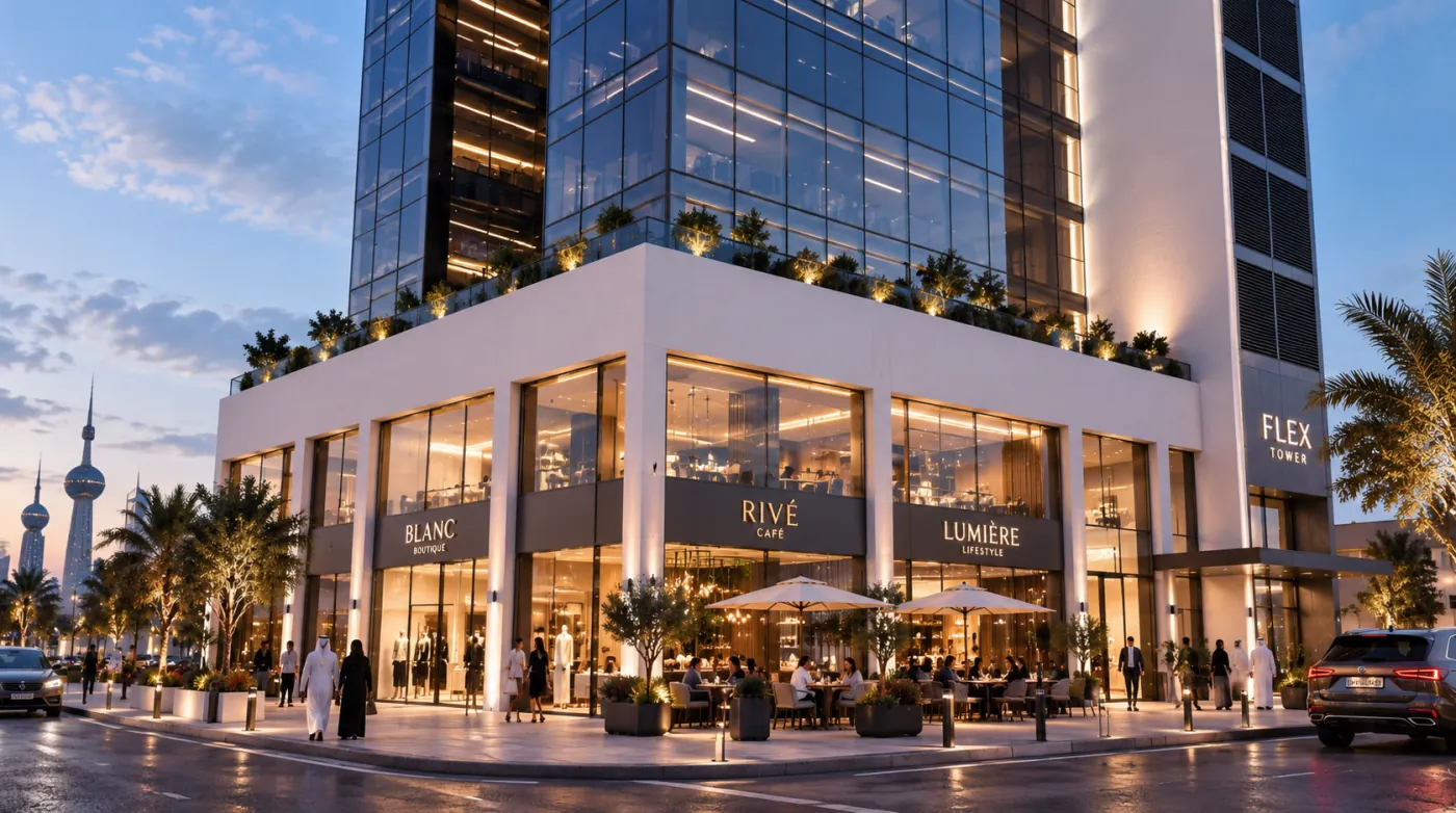 FLEX Tower at dusk, with the Blanc, Rivé and Lumière storefronts lit along the ground floor
